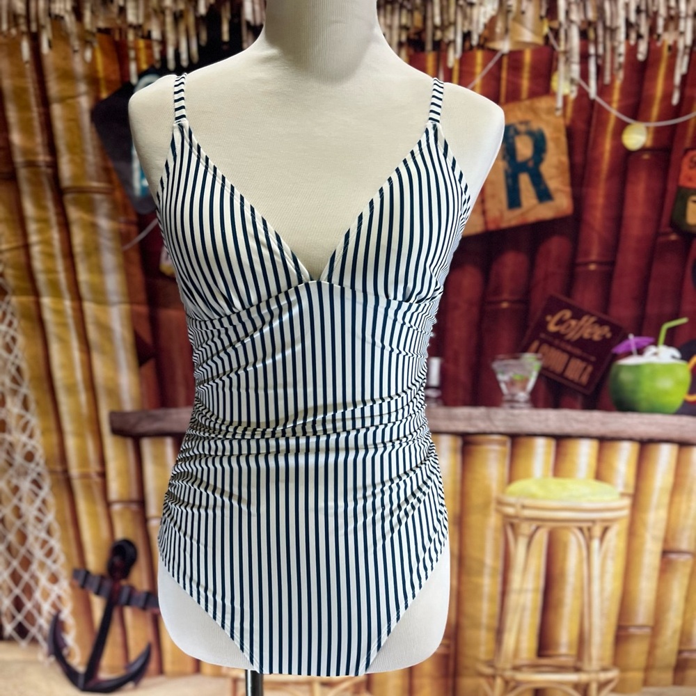 Cupshe One Piece Swimsuit Blue White Stripe Medium NWT